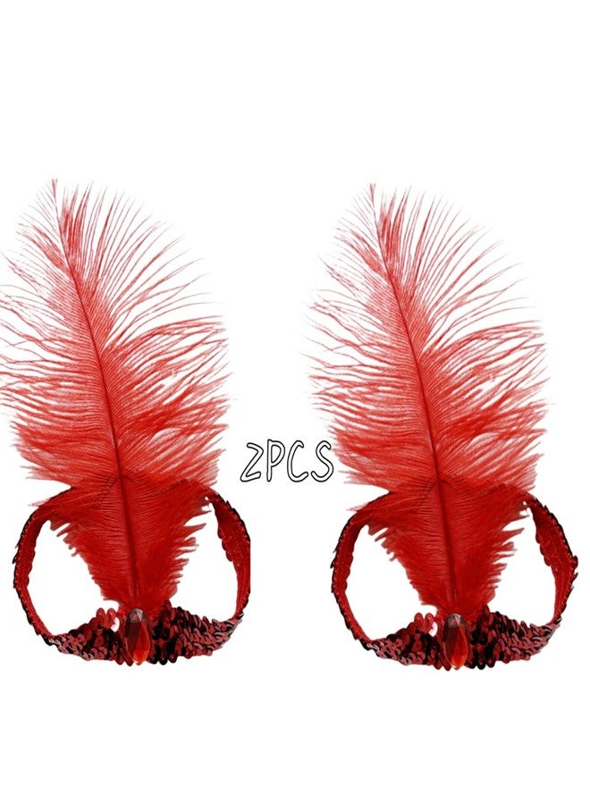 XKTEI 2pcs Feather Headdress,Sequins Headband,1920s Flapper Headpiece,Carnival Party Headwear,Costume for Gatsby Theme Party,Mardi Gras Feather Headband (Red-1) - Image 2